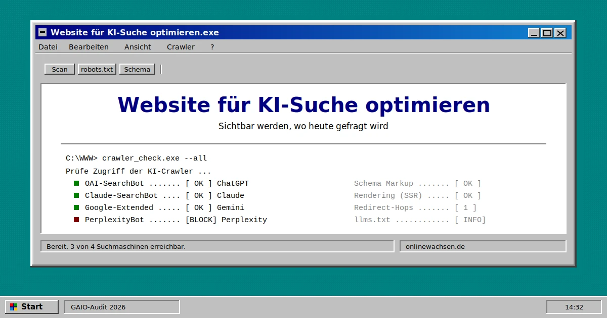 Website für KI-Suche optimieren: Crawler-Check für ChatGPT, Claude, Gemini und Perplexity
