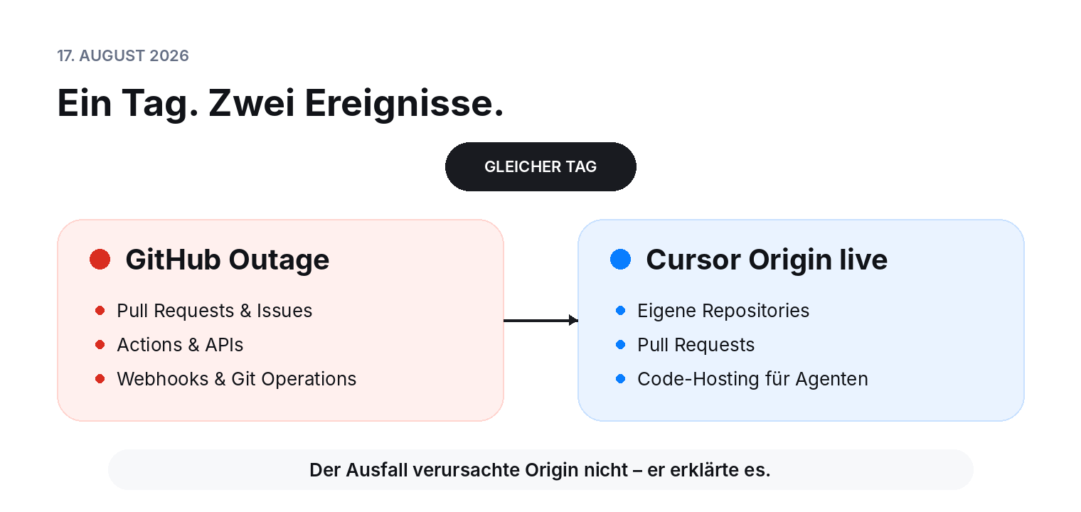 Gegenüberstellung des GitHub-Ausfalls und des Starts von Cursor Origin am 17. August 2026: links beeinträchtigte GitHub-Dienste, rechts die neue Code-Hosting-Plattform von Cursor, verbunden durch denselben Zeitpunkt.