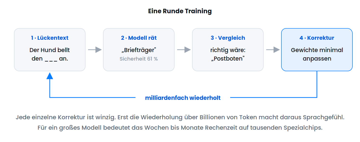 Vier Schritte im Kreis: Lückentext vorlegen, Modell rät ein Wort, Vergleich mit dem echten Wort, Gewichte werden minimal korrigiert. Danach beginnt die Schleife von vorn.