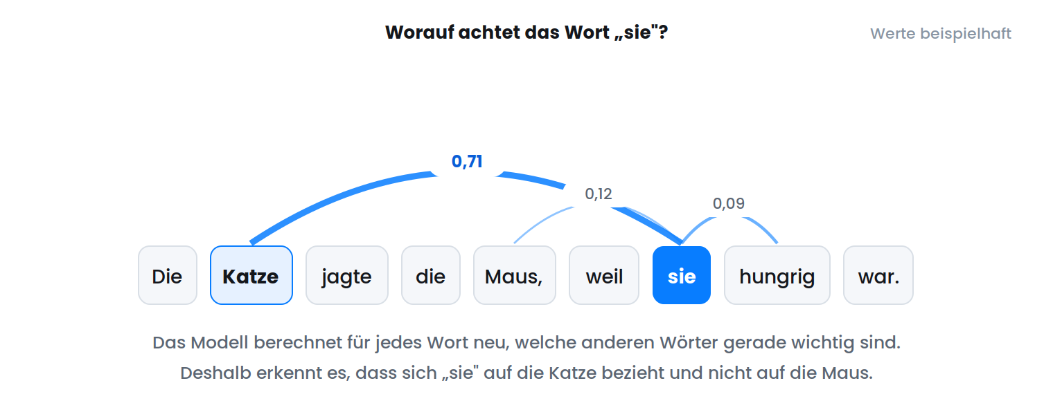 Im Satz „Die Katze jagte die Maus, weil sie hungrig war' verbindet eine dicke Linie das Wort „sie' mit „Katze', dünnere Linien verbinden es mit „Maus' und „hungrig'. Das Modell gewichtet, welches Wort gemeint ist.